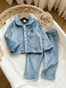 SHEIN مجموعة ملابس منزلية طويلة الأكمام ناعمة باللون الأزرق للأطفال الصغار 2 قطعة/طقم، ملابس شتوية يمكن ارتداؤها للجنسين، ملابس شتوية للأطفال - متعدد الألوان - مشاهدة 6