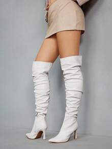 CUCCOO SZL 女士时尚尖头细高跟白色高筒靴，褶皱过膝靴，性感派对宴会夜总会高跟鞋 - 白色 - 查看 5