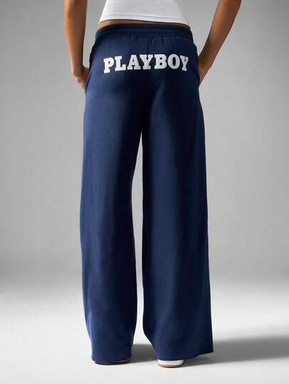 Missguided x Playboy Oversized Classic Wide Leg Sweatpants With Embroidered Logo For Fall Winter Loungewear Casual Fashion Streetwear Comfortable Pants For Campus
