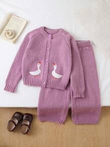 SHEIN 少女卡通刺绣复古别致开衫&宽松直筒裤套装 - 淡紫色 - 查看 1