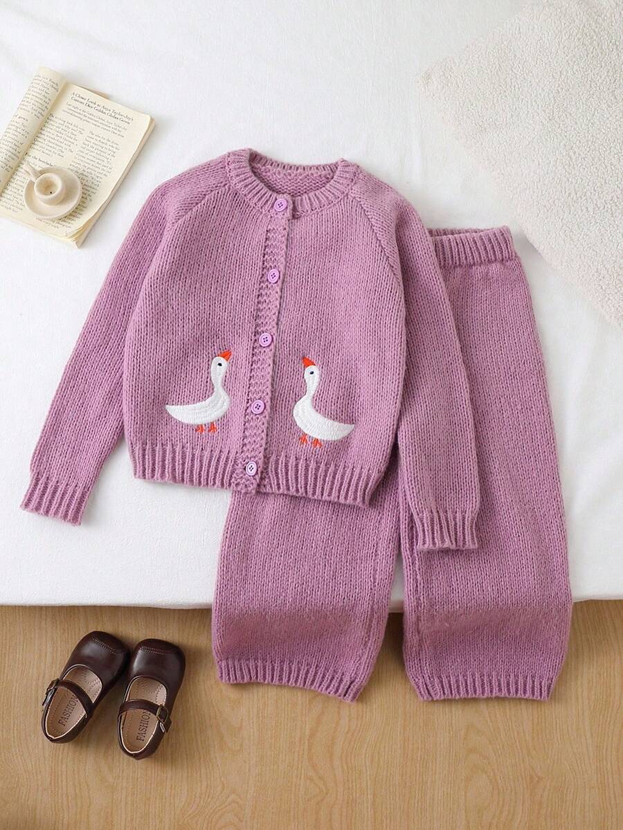 SHEIN 少女卡通刺绣复古别致开衫&宽松直筒裤套装 - 淡紫色 - 查看 1