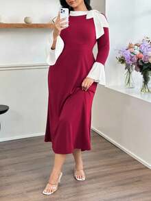 Modelyn Plus Size Women Tie Bow Ruffle Shoulder Rhinestone Embellished Bodycon Elegant Dress, Suitable For Commute And Party - Red - View 7