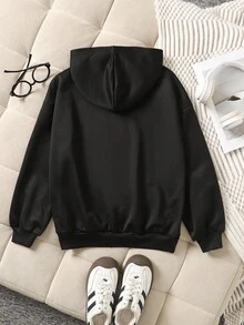 SHEIN 少女休闲针织卫衣外套，带刺绣、拉链和口袋，适合周末、休闲外出、返校、秋冬季穿着。少女拉链卫衣，带帽黑色外套，短款外套，黑色卫衣，秋季黑色拉链卫衣。 - 黑色 - 查看 7