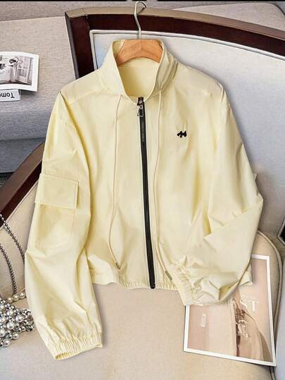 SHEIN LUNE 大码女式休闲简约浅黄色刺绣拉链夹克