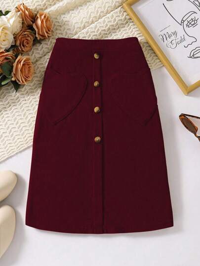 Sparklyn 女童休闲灯芯绒心形口袋中长修身半身裙，春秋