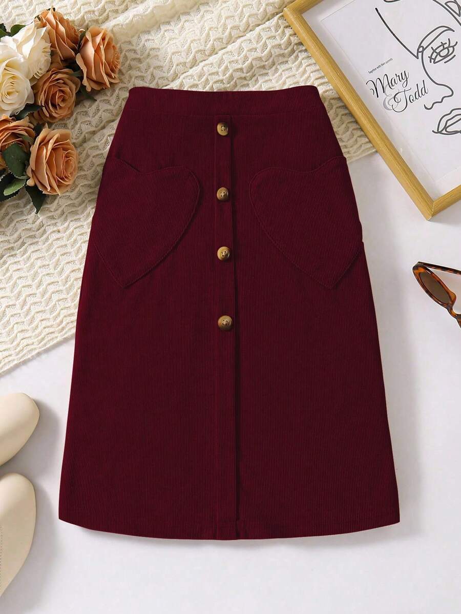 Sparklyn 女童休闲灯芯绒心形口袋中长修身半身裙，春秋 - 酒紅色 - 查看 1