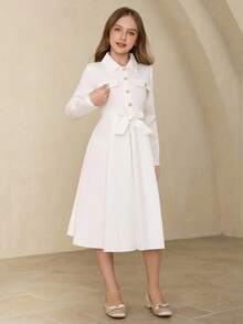 Elegancka, minimalistyczna, modna sukienka koszulowa dla dziewcząt z obniżonymi ramionami, długim rękawem i ściągaczem w pasie, średniej długości, w jednolitym kolorze, z perłowymi guzikami, odpowiednia na ukończenie szkoły, oficjalne okazje, Boże Narodzenie, Halloween i na każdą porę roku - Biały - Zobacz 7