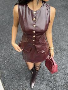 Siren Gaze Nuevo traje de mujer de PU con cuello redondo, sin mangas, con botones delanteros y estilo informal, color rojo vino