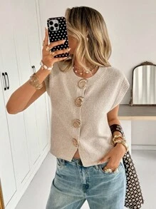 Siren Gaze Áo khoác cardigan dệt kim khóa kim loại thường ngày dành cho nữ - Màu be - Xem 5
