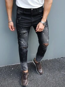 Manfinity Homme 男士街头时尚休闲破洞紧身黑色牛仔裤，emo 风格 - 黑色 - 查看 4