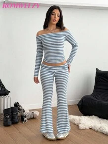 Teenage Girls' Casual Striped Transparent Shoulder Strap Off Shoulder Long Sleeve Top And Simple Knit Flare Pants, Spring/Autumn - Baby Blue - View 8