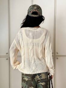 StreetHx Women's Streetwear Solid Color Button Twist Oblique Shoulder Casual Long Sleeve Sweater Top - Apricot - View 2