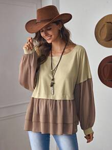 LanaWest Women's Western Casual Khaki Oversized Crew Neck Long Sleeve Gathered Fabric Contrast Patchwork Design Loose Sweatshirt Fall Cloth For Women