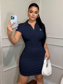 SHEIN SXY Vestido casual de negocios con cuello bordado - Azul Marino - Ver 6