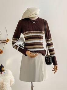 SHEIN Unity Women's Minimalist Chic Brown Striped Long Sleeve Pullover Knit Sweater, Autumn/Winter Fall Cloth For Women - Brown - View 1
