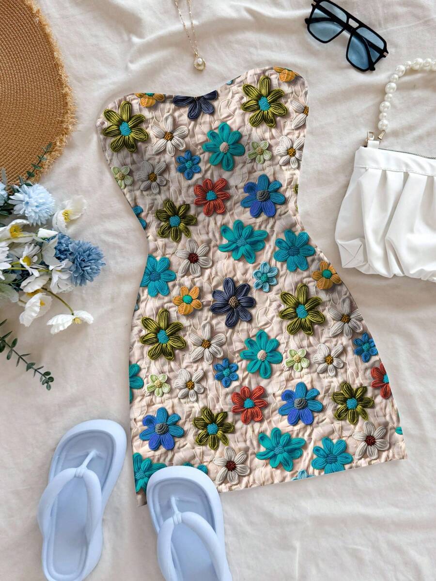 Soleia Casual Floral Pattern Bodycon Mini Dress For Women, Suitable For Summer Chic Dress - Blue - View 1