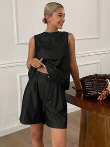 Livesso 女式深水洗蓝色圆领露背无袖宽松牛仔上衣和短裤两件套 - 黑色 - 查看 4