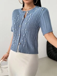 Modelyn Cardigan tricotat cu un singur rând de nasturi și mâneci scurte, cu mărgele și frânghie răsucite pentru femei - Dusty Blue - Vizualizare 1