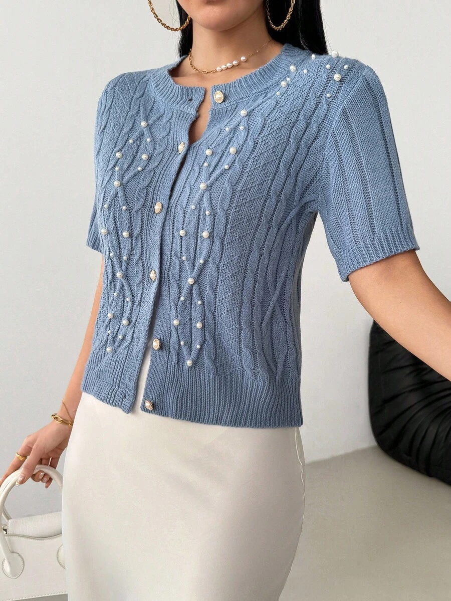 Modelyn Cardigan tricotat cu un singur rând de nasturi și mâneci scurte, cu mărgele și frânghie răsucite pentru femei - Dusty Blue - Vizualizare 1
