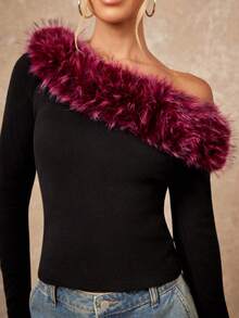 Lumalex Women's Black Elegant Sexy Night Out Autumn Winter Faux Fur Shoulder Cut-Out Tight Fit Long Sleeve T-Shirt Bolero Shrug Feather Top Party Glamorous - Red and Black - View 4