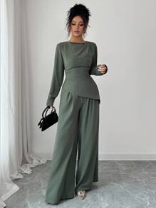 SHEIN Raffinéa 2件套女士纯色褶边不对称下摆长袖套装 - 綠色 - 查看 6