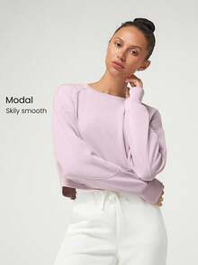 GLOWMODE Modal Silky Smooth Loose Crop Long Sleeve Sweatshirt With Thumbholes Daily Casual Fall - Mauve Purple - View 1