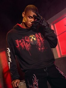 WB Horror X SHEIN Men Horror Movie Mask Pattern Hooded Long Sleeve Sweatshirt - Black - View 8