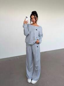 Aloruh 2 件女士休闲、运动、学院风运动衫套装，带有小马标志，适合返校季、秋冬季 - 灰色 - 查看 1