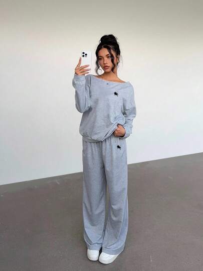 Aloruh 2pcs Women Casual, Sports, College Style Sweatshirt Set With Small Horse Logo, Suitable For Back To School Season, Autumn/Winter