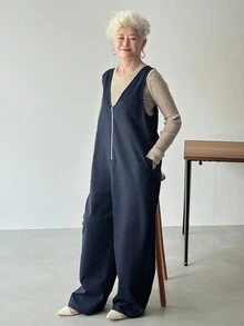 FRIFUL Damski jednokolorowy, bezrękawnik, dekolt w serek, zamek błyskawiczny, prosty, luźny, swobodny kombinezon, uniwersalny strój na lotnisko, jesienny kombinezon - Szary - Zobacz 6