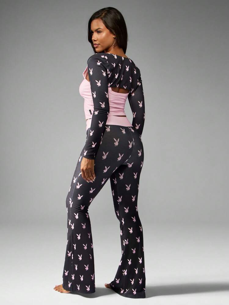 Missguided x Playboy Christmas Long Sleeve Tank Top With Flared Pants Bunny Print Set