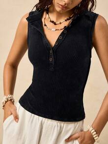 Easelle 休闲复古索环罗纹黑色无袖女式T恤 - 黑色 - 查看 5