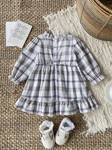 SHEIN Korean Style Plaid Print 2 In 1 Dress, Sweet Princess Baby Outfit, Spring/Autumn - Apricot - View 2