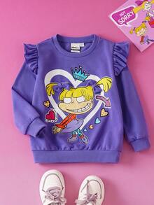 Nick 90s | SHEIN Sudadera con cuello redondo morada con decoración de lazo, estampado de corazones y dibujos animados lindo para niña - Morado - Ver 2