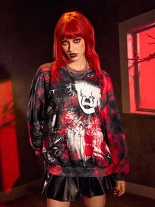 IT x SHEIN 恐怖电影图案圆领长袖套头衫 - 彩色 - 查看 4