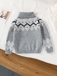SHEIN Classic Fair Isle Pattern Turtleneck Long Sleeve Sweater For Young Girl Fall Winter