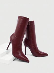 CUCCOO SZL Giày bốt cao đến mắt cá chân mũi nhọn thời trang dành cho nữ, thích hợp đi làm, hẹn hò, tiệc tùng, đi nghỉ - Màu Đỏ Sâu - Xem 6