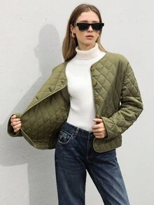 Aveloria Modichic 时尚休闲百搭通勤仿亚麻菱形绗缝圆领口袋纽扣女式夹棉大衣 - 軍綠色 - 查看 7