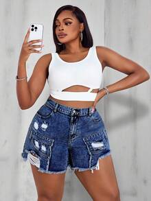 SHEIN Essnce Short en jean délavé et déchiré d'été casual grande taille - Jean brut - Voir 6