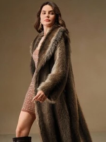 Anewsta معطف فرو صناعي فضفاض طويل ناعم وفاخر مخطط للنساء في فصل الخريف/الشتاء - بني - مشاهدة 6