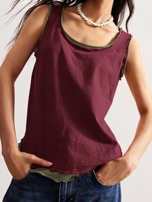 Bohemela Camiseta sin mangas de mujer de punto informal con cuello redondo y parches - Rojo - Ver 3