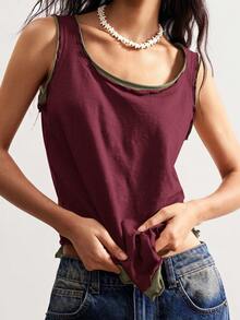 Bohemela Camiseta sin mangas de mujer de punto informal con cuello redondo y parches - Rojo - Ver 4
