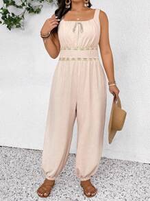 SHEIN Frenchy Plus Size Casual Vacation Sleeveless Jumpsuit With Cuffed Ankles - Apricot - View 3