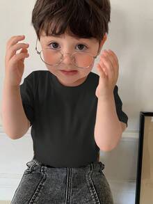 DAZY 幼儿男童休闲纯色圆领短袖上衣，夏季 - 黑色 - 查看 5