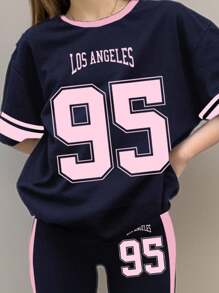 SHEIN Leap Crew 2pcs Tween Girls Casual Loose Fit Retro College Navy Blue & Pink, Street Fashion Digit 95 Print, Striped Color Block Round Neck Short Sleeve T-Shirt And Flare Pants Set, Suitable For Summer, Autumn Outfits For Easy Comfort, Autumn Layers For Girls, Stylish Kids, Casual Wear, Girls Graphic Clothes, Back To School, Fall Clothes, Homecoming - Multicolor - View 3