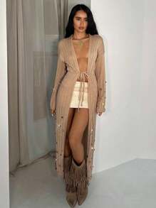 Glamine 驼色针织手工亮片设计喇叭袖性感迷人女式和服开衫 - 駝色 - 查看 3