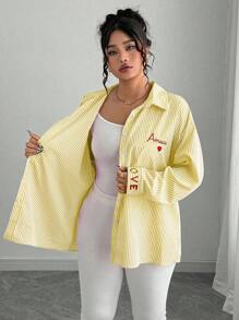 Elenzga Plus Size Women's French Striped Embroidered Heart Blouse Fall Cloth For Women Women Button Up Shirt Amour Shirt Yellow Striped Shirt Women Heart Shirt Love Shirt - Yellow - View 5