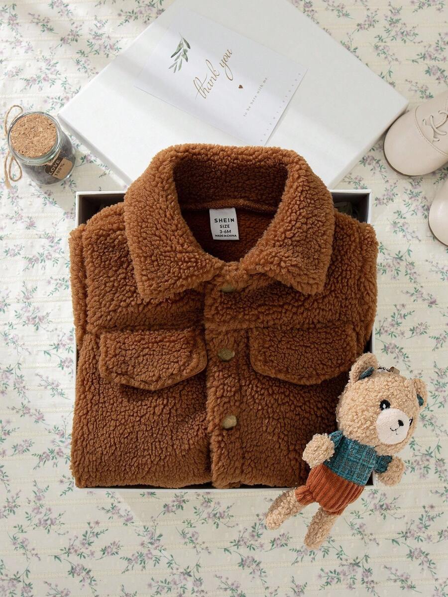 SHEIN Baby Boy Vintage Style Fleece Collar Jacket Fall Winter - Brown - View 1