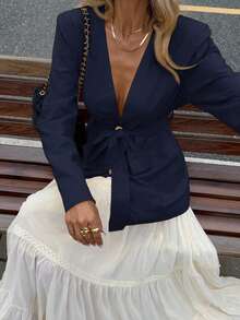 Siren Gaze Casual & Commute Solid Color Linen Thin Blazer In Fall/Winter Blue - Navy Blue - View 1