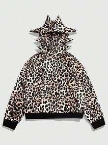 ROMWE MEN Anime Men's Asymmetrical Antennae Leopard Print Hooded Sweatshirt, Loose Short Style , Fall - Brown - View 1